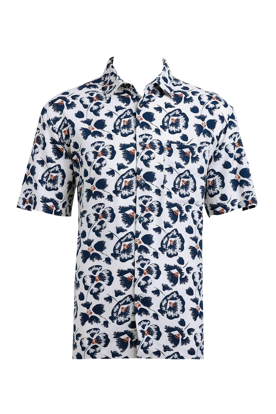 BASICS RELAXED FIT PRISTINE BEIGE COTTON VISCOSE TWILL PRINTED HALFSLEEVES SHIRT