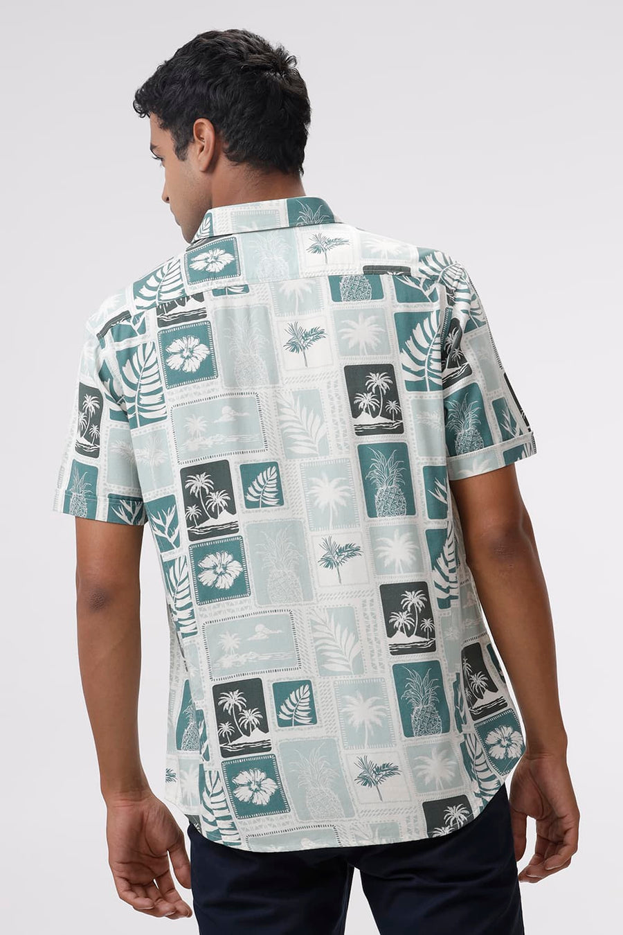 BASICS RELAXED FIT HARBOR GREEN COTTON VISCOSE TWILL PRINTED HALFSLEEVES SHIRT