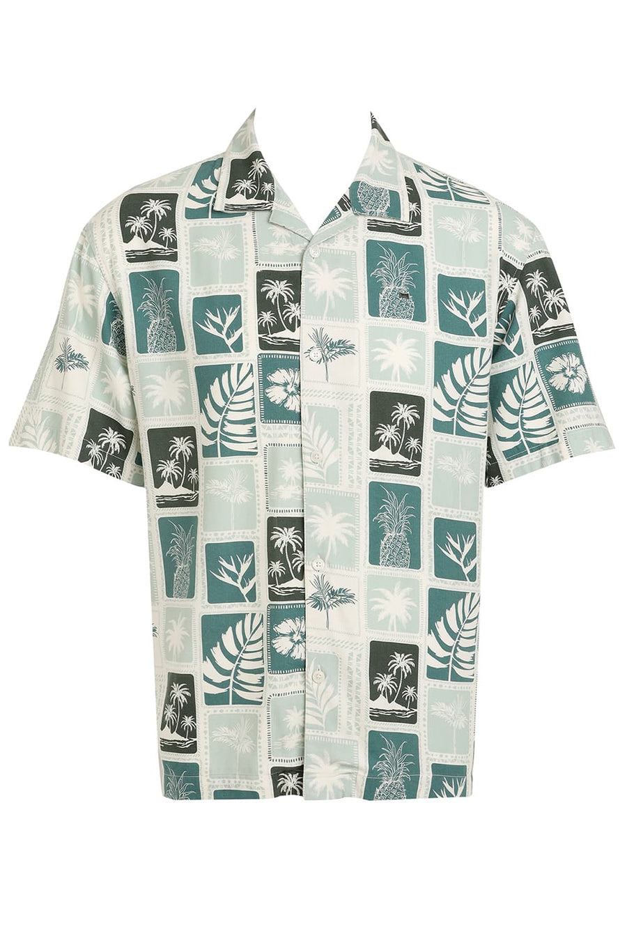 BASICS RELAXED FIT HARBOR GREEN COTTON VISCOSE TWILL PRINTED HALFSLEEVES SHIRT