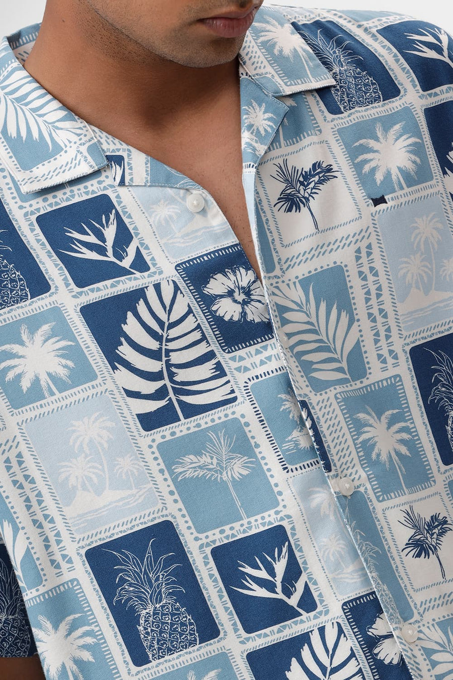BASICS RELAXED FIT DELPHINIUM BLUE COTTON VISCOSE TWILL PRINTED HALFSLEEVES SHIRT