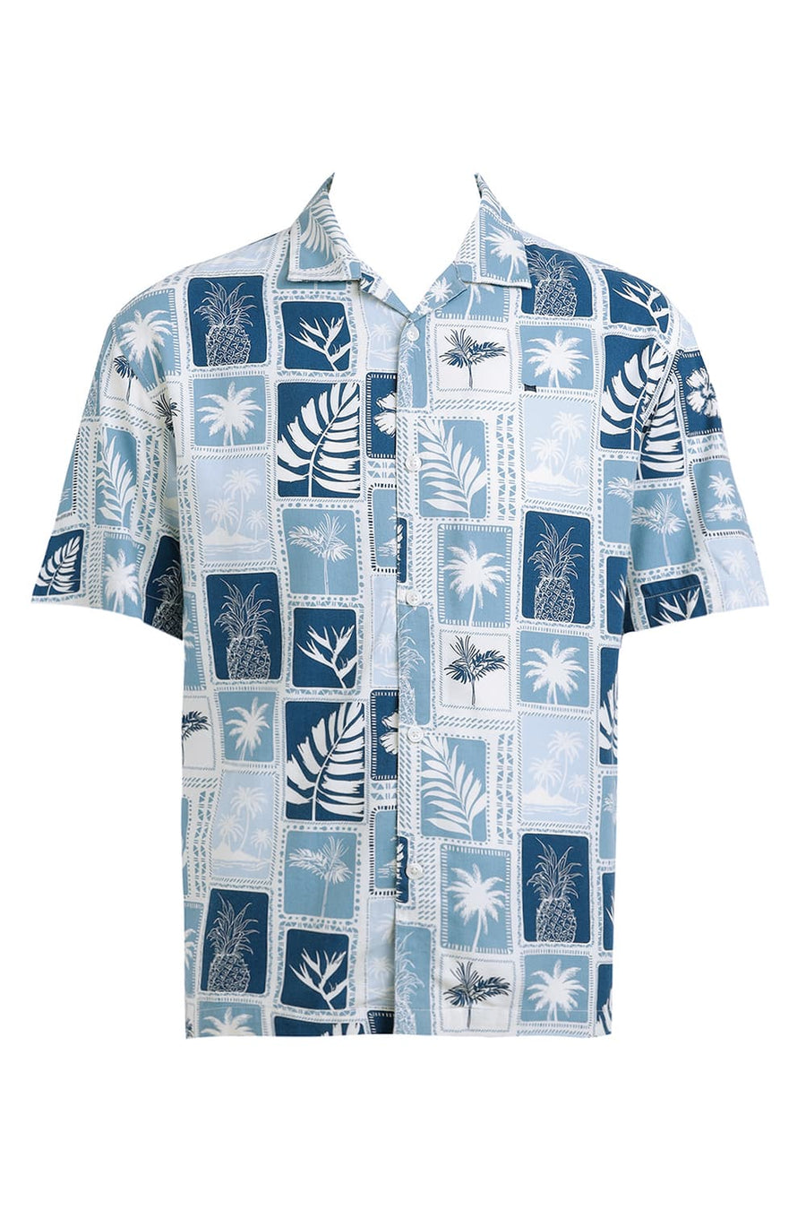 BASICS RELAXED FIT DELPHINIUM BLUE COTTON VISCOSE TWILL PRINTED HALFSLEEVES SHIRT