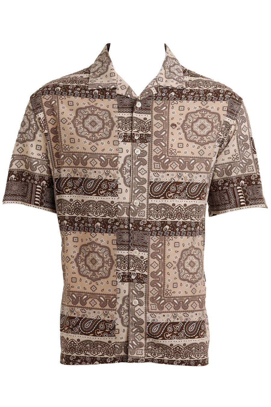 BASICS RELAXED FIT APRICOT BEIGE COTTON VISCOSE TWILL PRINTED HALFSLEEVES SHIRT