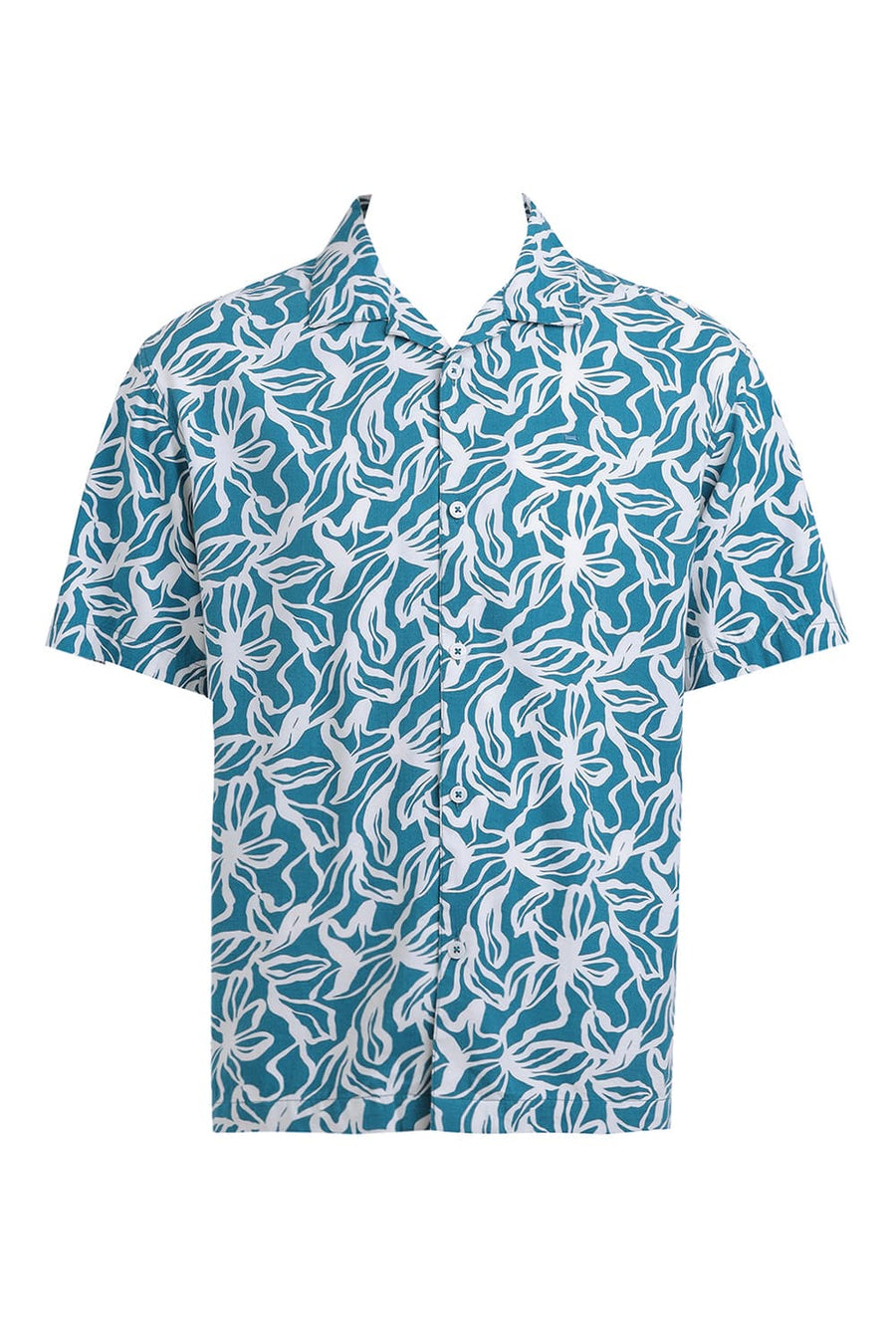BASICS RELAXED FIT MOSAIC BLUE COTTON VISCOSE TWILL PRINTED HALFSLEEVES SHIRT