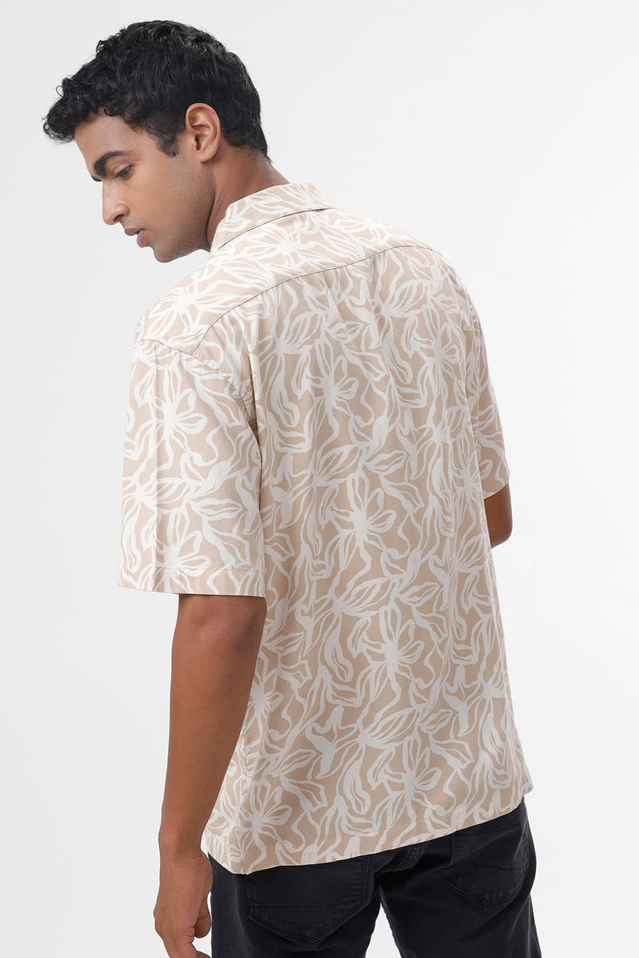 BASICS RELAXED FIT CUBAN BEIGE COTTON VISCOSE TWILL PRINTED HALFSLEEVES SHIRT