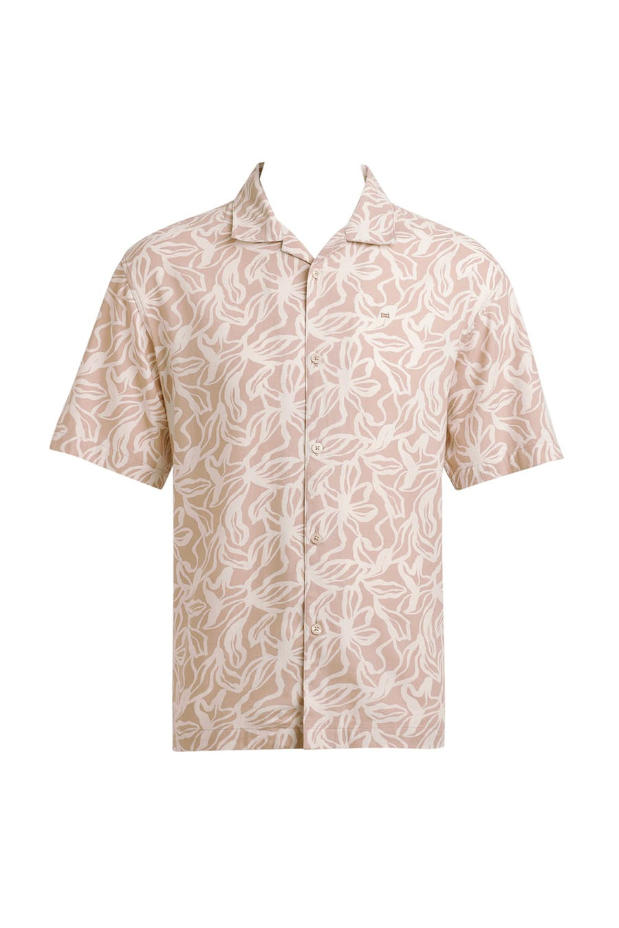 BASICS RELAXED FIT CUBAN BEIGE COTTON VISCOSE TWILL PRINTED HALFSLEEVES SHIRT