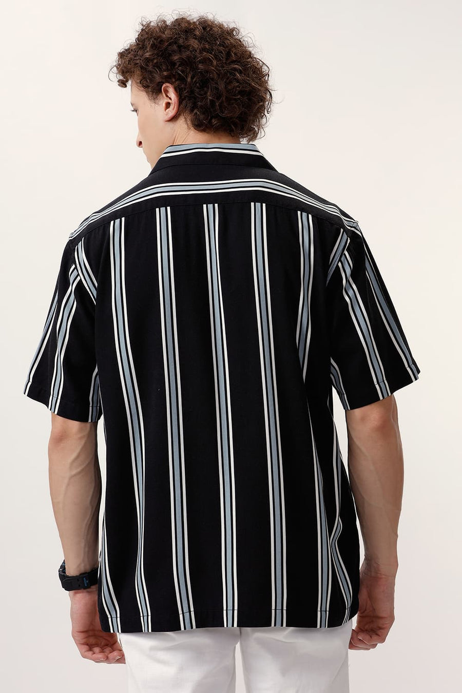 BASICS RELAXED FIT COAL BLACK COTTON VISCOSE PRINTED STRIPE HALFSLEEVES SHIRT