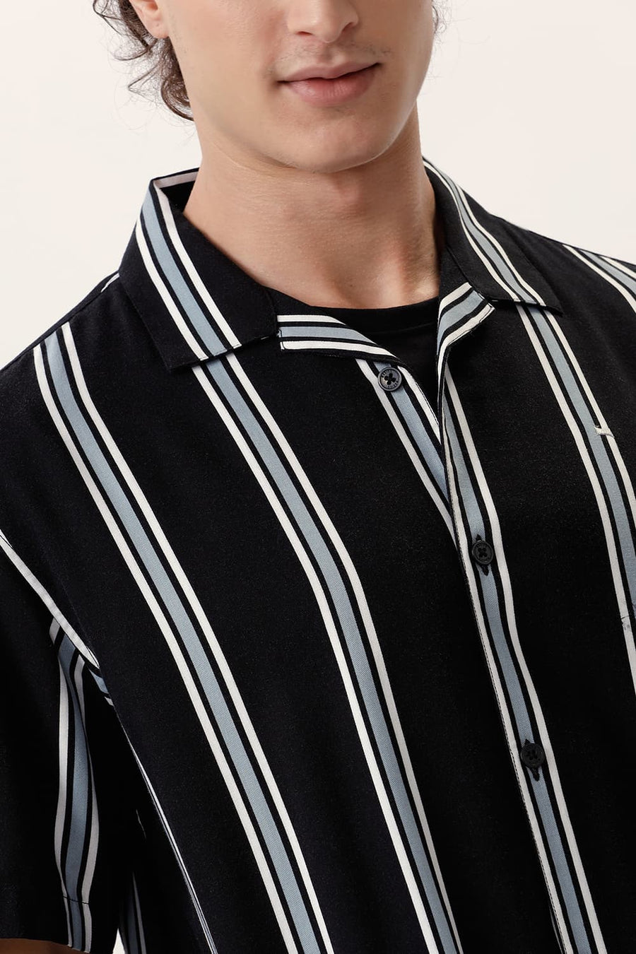 BASICS RELAXED FIT COAL BLACK COTTON VISCOSE PRINTED STRIPE HALFSLEEVES SHIRT