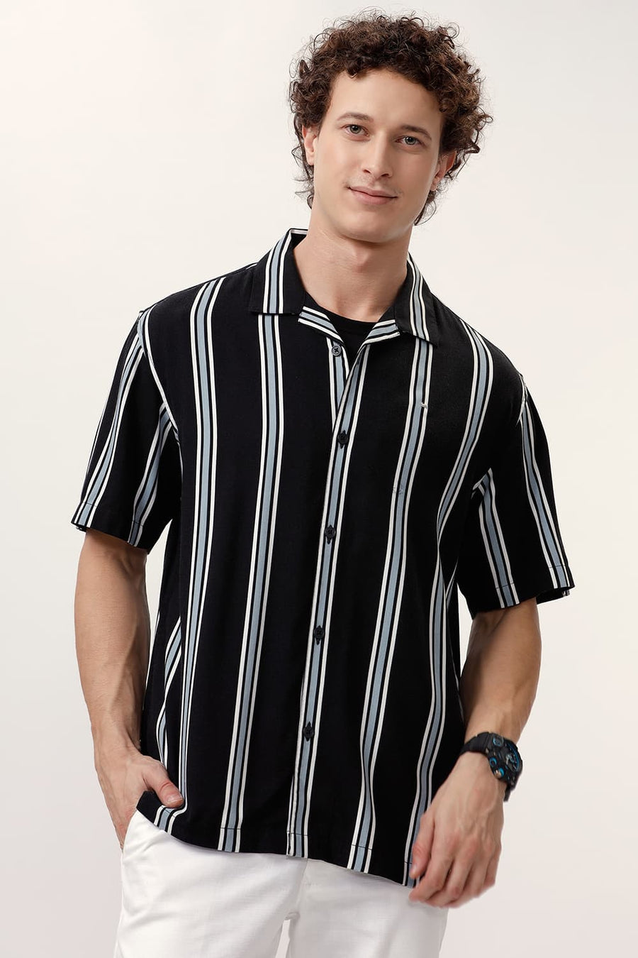 BASICS RELAXED FIT COAL BLACK COTTON VISCOSE PRINTED STRIPE HALFSLEEVES SHIRT