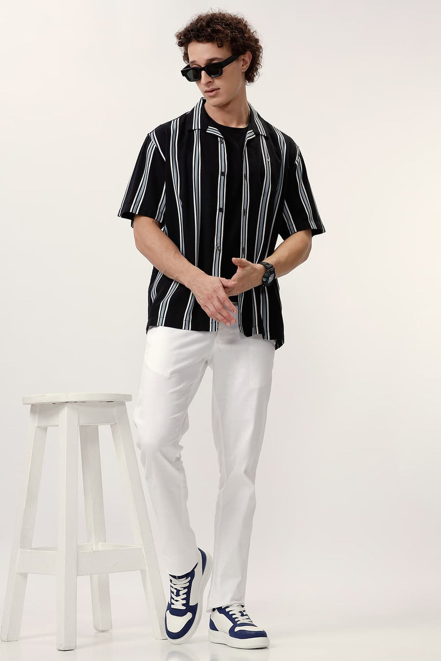 BASICS RELAXED FIT COAL BLACK COTTON VISCOSE PRINTED STRIPE HALFSLEEVES SHIRT