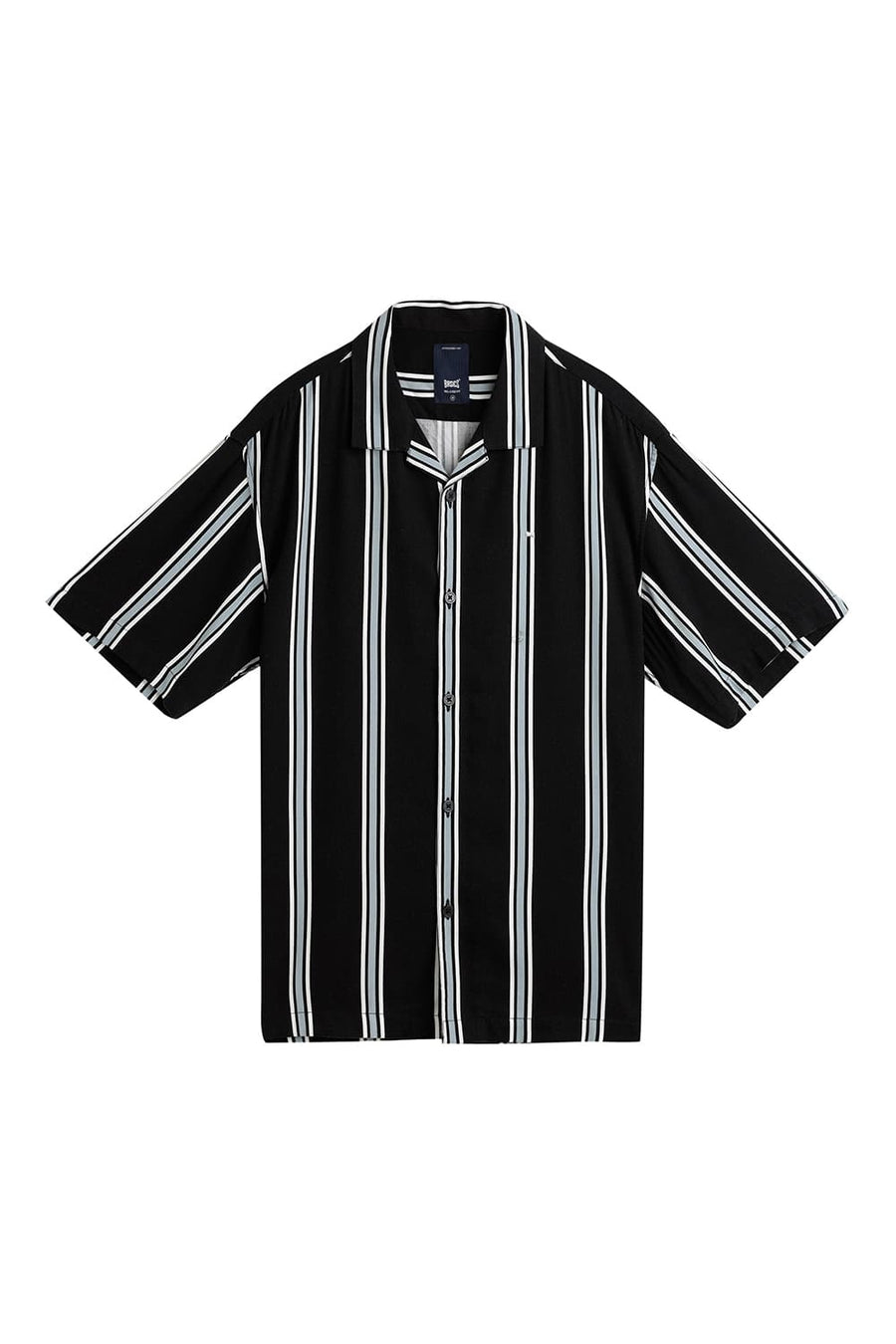 BASICS RELAXED FIT COAL BLACK COTTON VISCOSE PRINTED STRIPE HALFSLEEVES SHIRT