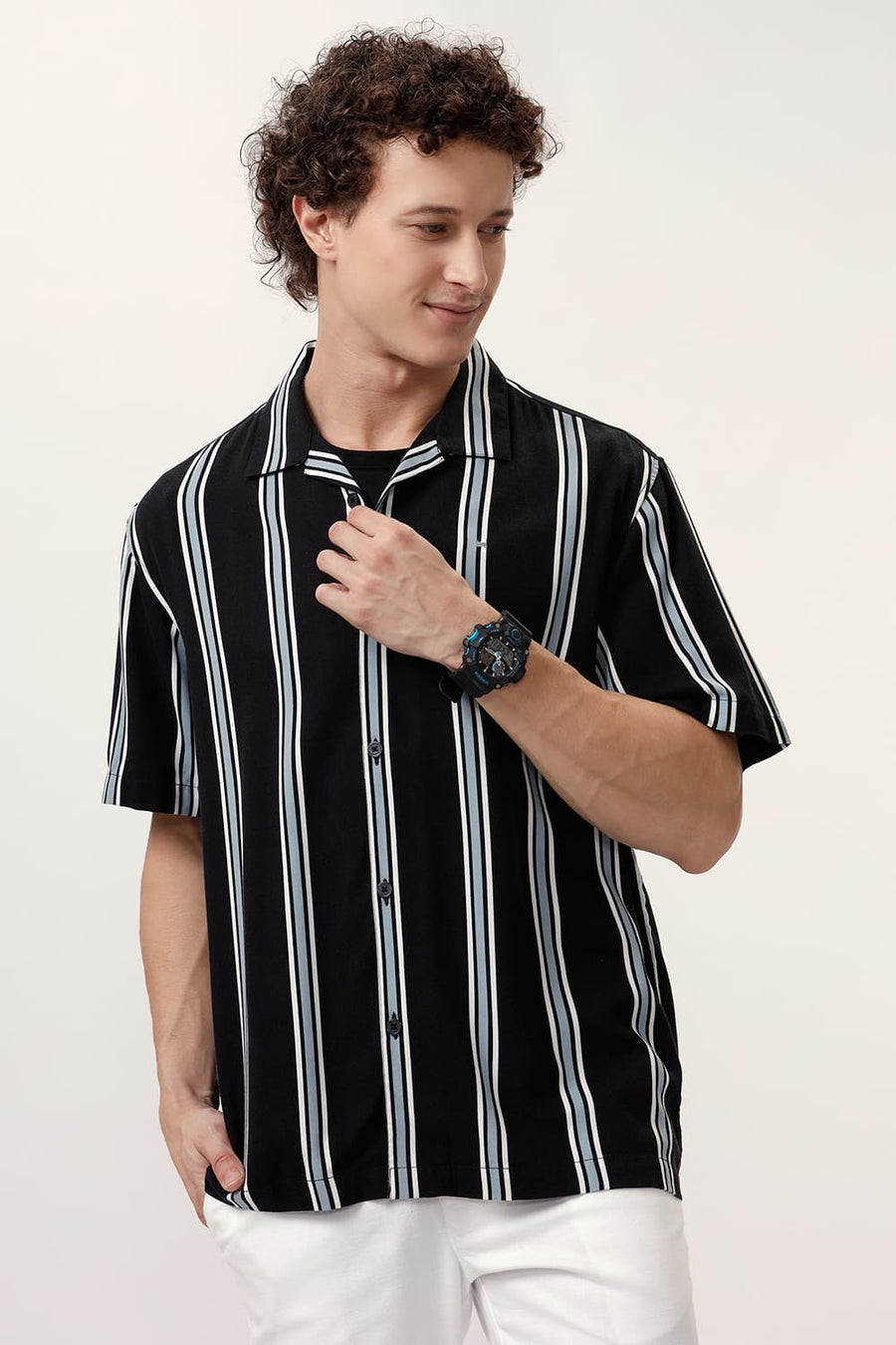 BASICS RELAXED FIT COAL BLACK COTTON VISCOSE PRINTED STRIPE HALFSLEEVES SHIRT