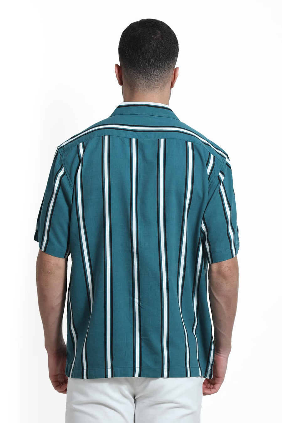 BASICS RELAXED FIT DRAGONFLY TEAL COTTON VISCOSE PRINTED STRIPE HALFSLEEVES SHIRT