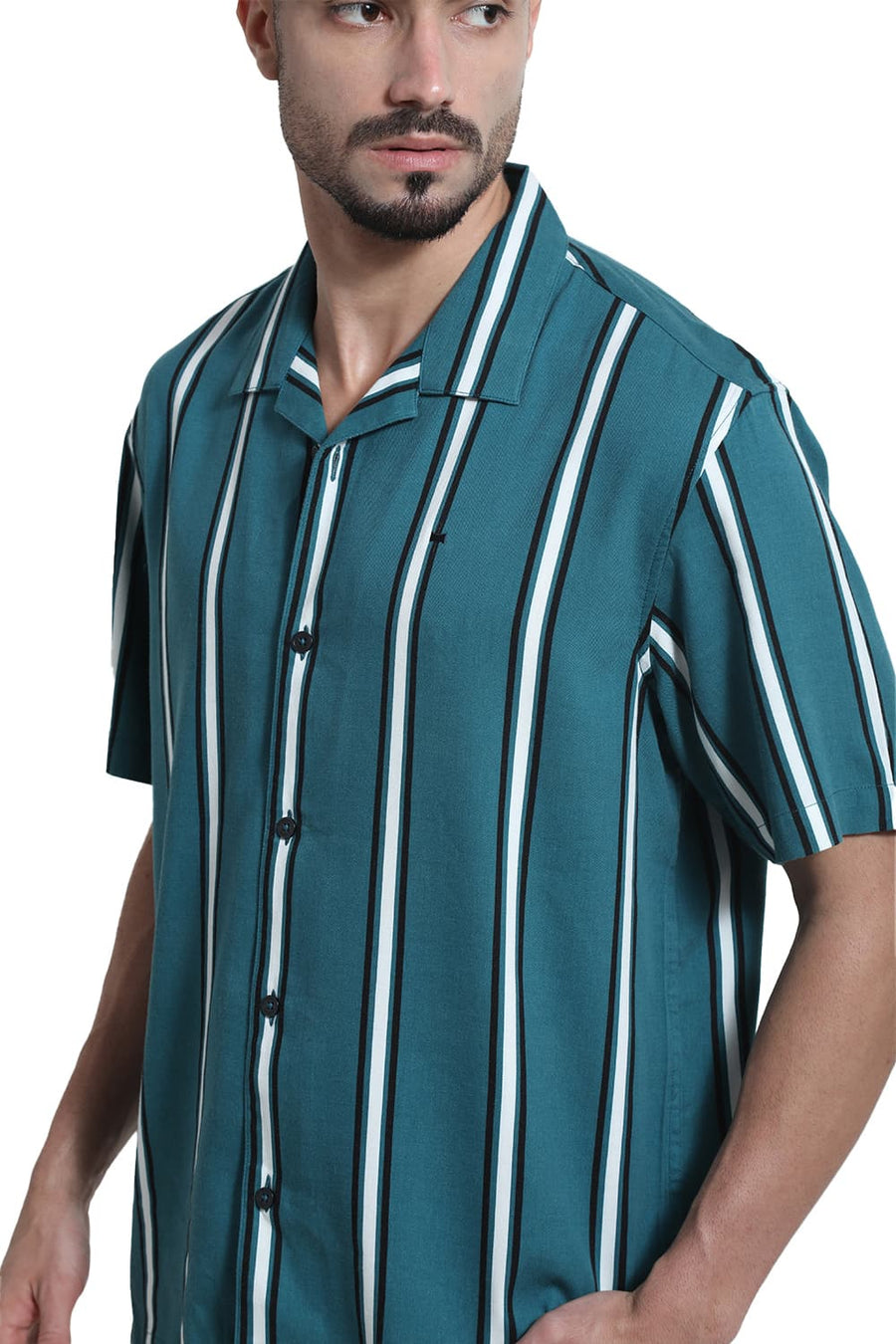 BASICS RELAXED FIT DRAGONFLY TEAL COTTON VISCOSE PRINTED STRIPE HALFSLEEVES SHIRT