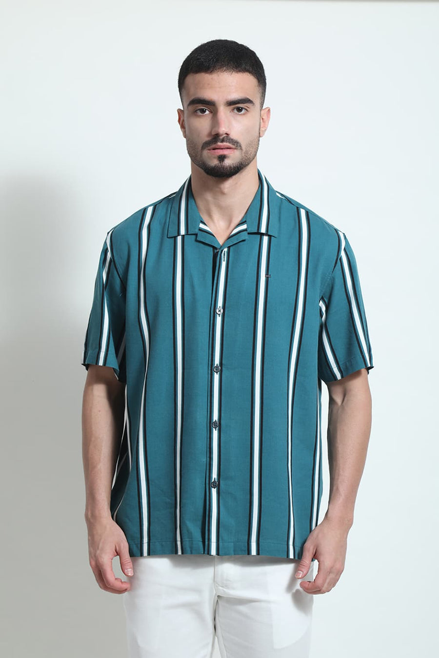 BASICS RELAXED FIT DRAGONFLY TEAL COTTON VISCOSE PRINTED STRIPE HALFSLEEVES SHIRT