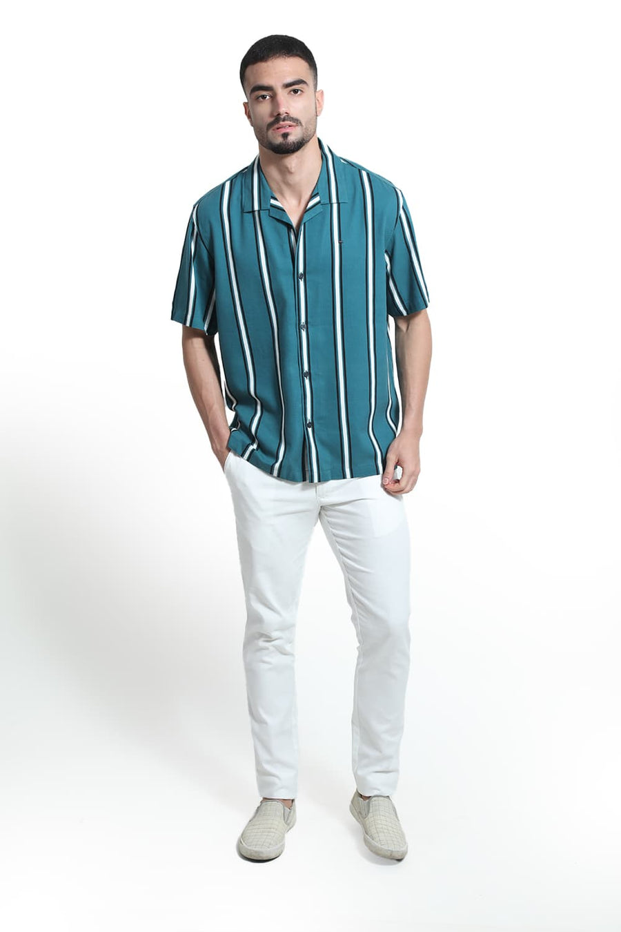BASICS RELAXED FIT DRAGONFLY TEAL COTTON VISCOSE PRINTED STRIPE HALFSLEEVES SHIRT