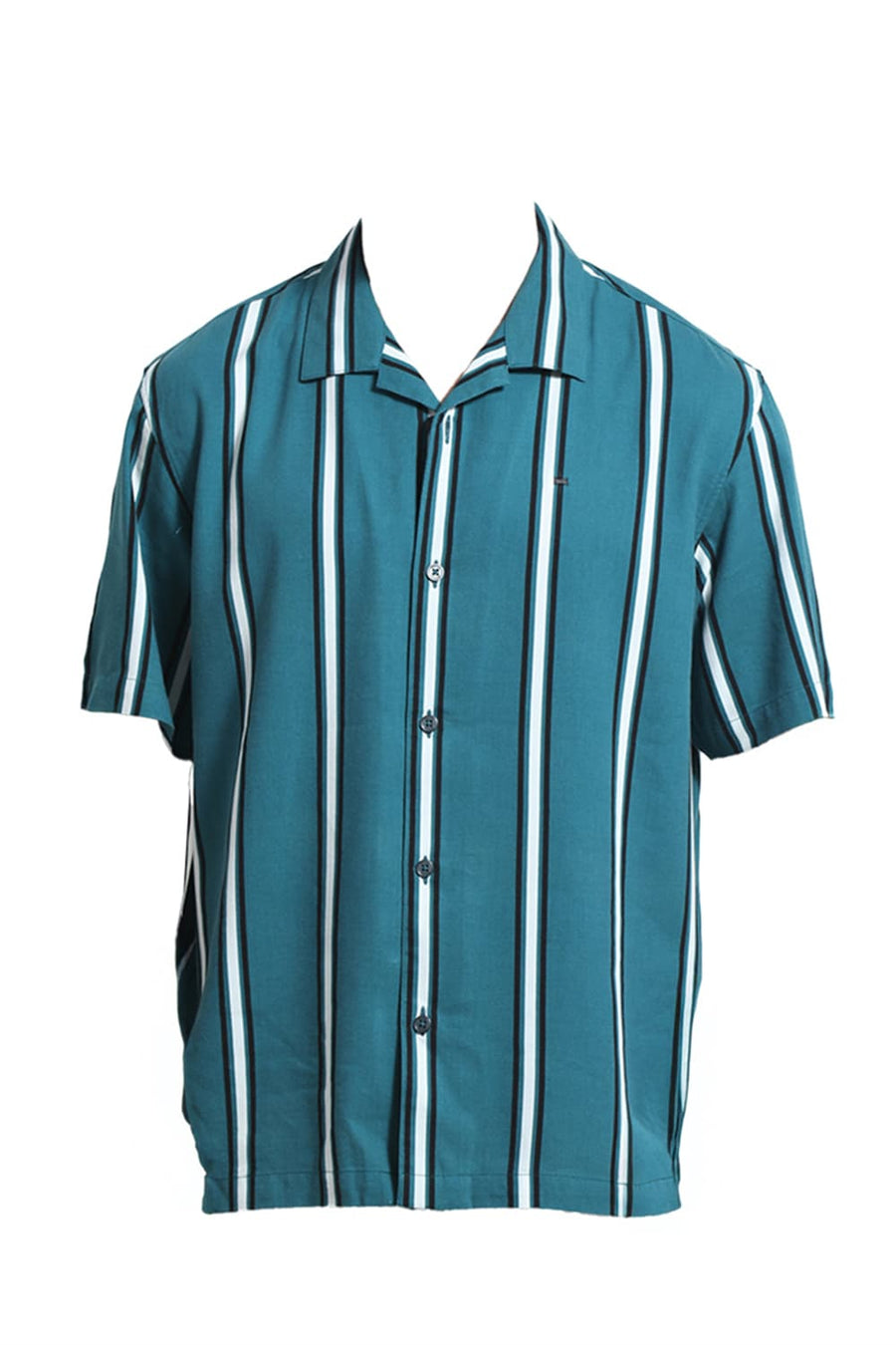 BASICS RELAXED FIT DRAGONFLY TEAL COTTON VISCOSE PRINTED STRIPE HALFSLEEVES SHIRT