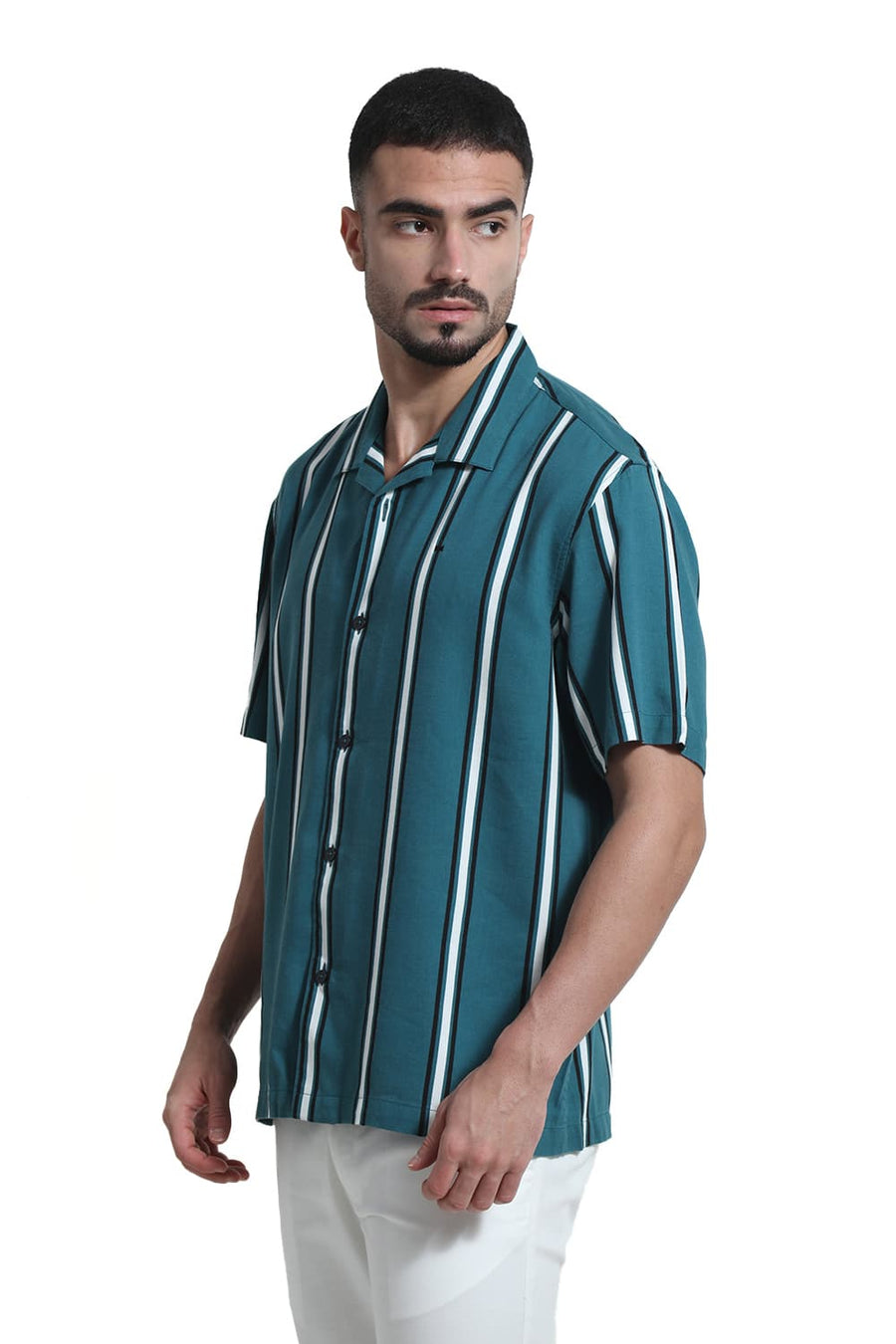 BASICS RELAXED FIT DRAGONFLY TEAL COTTON VISCOSE PRINTED STRIPE HALFSLEEVES SHIRT