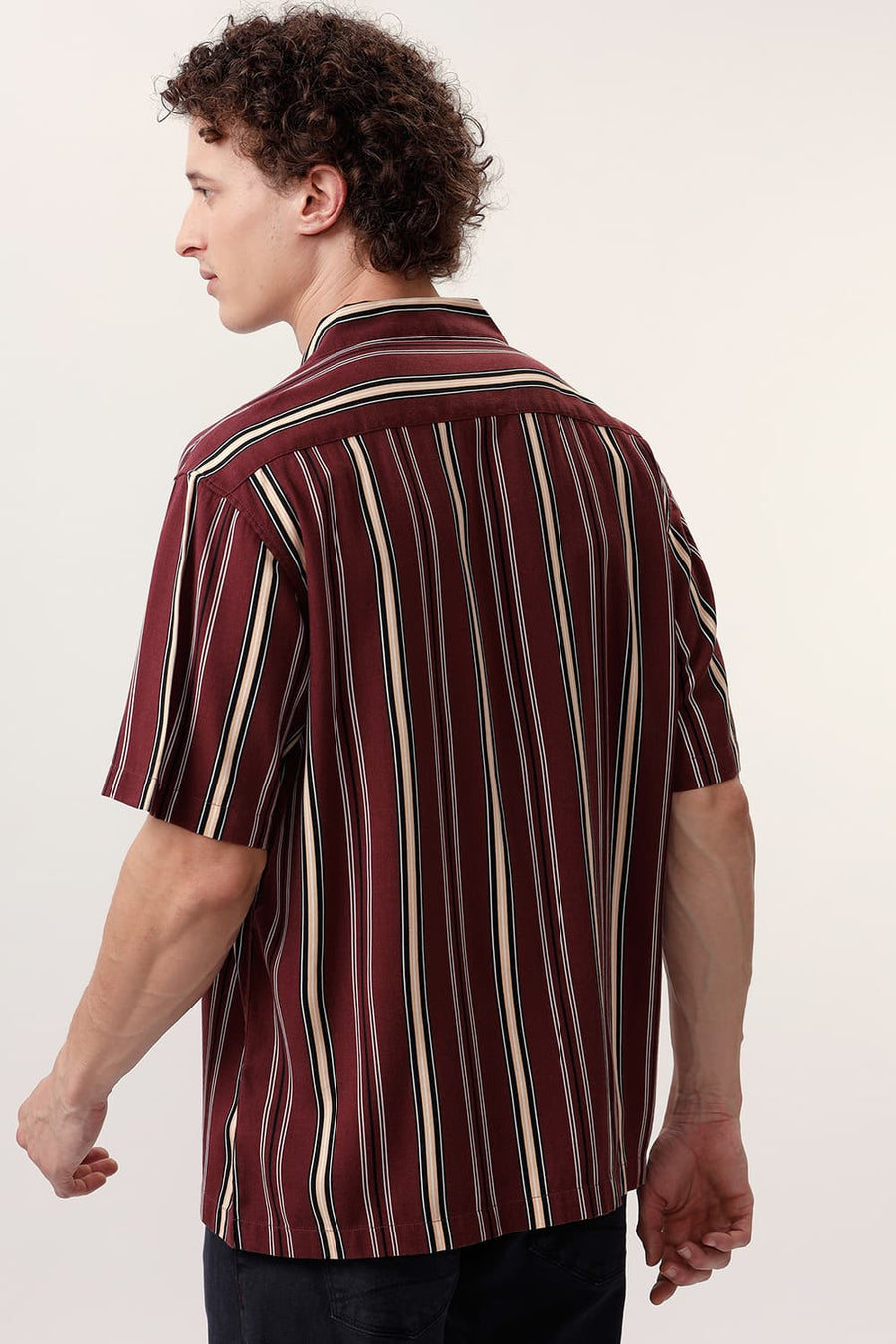 BASICS RELAXED FIT RUBY WINE COTTON VISCOSE PRINTED STRIPE HALFSLEEVES SHIRT