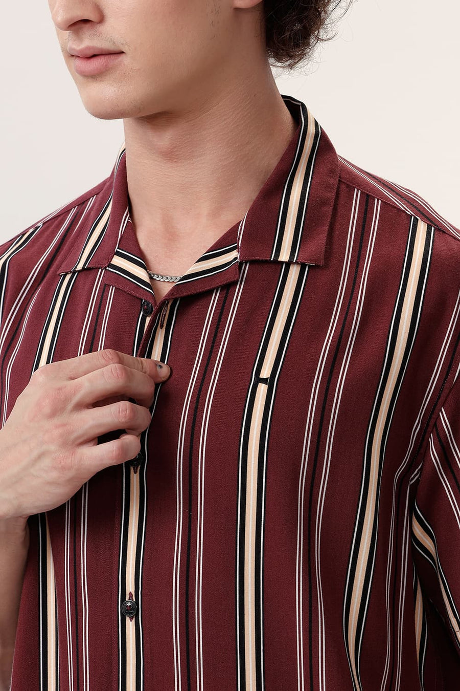 BASICS RELAXED FIT RUBY WINE COTTON VISCOSE PRINTED STRIPE HALFSLEEVES SHIRT