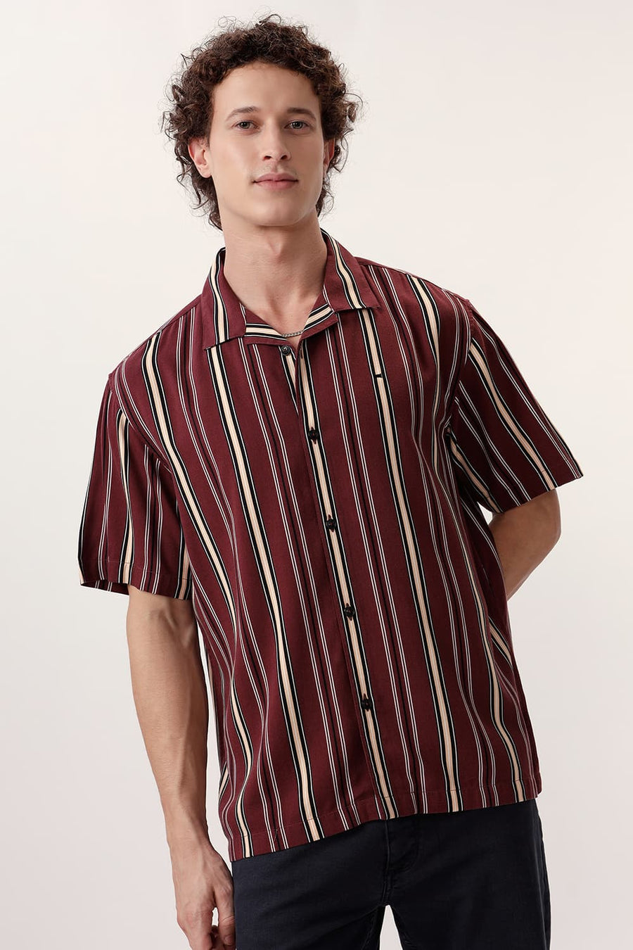 BASICS RELAXED FIT RUBY WINE COTTON VISCOSE PRINTED STRIPE HALFSLEEVES SHIRT