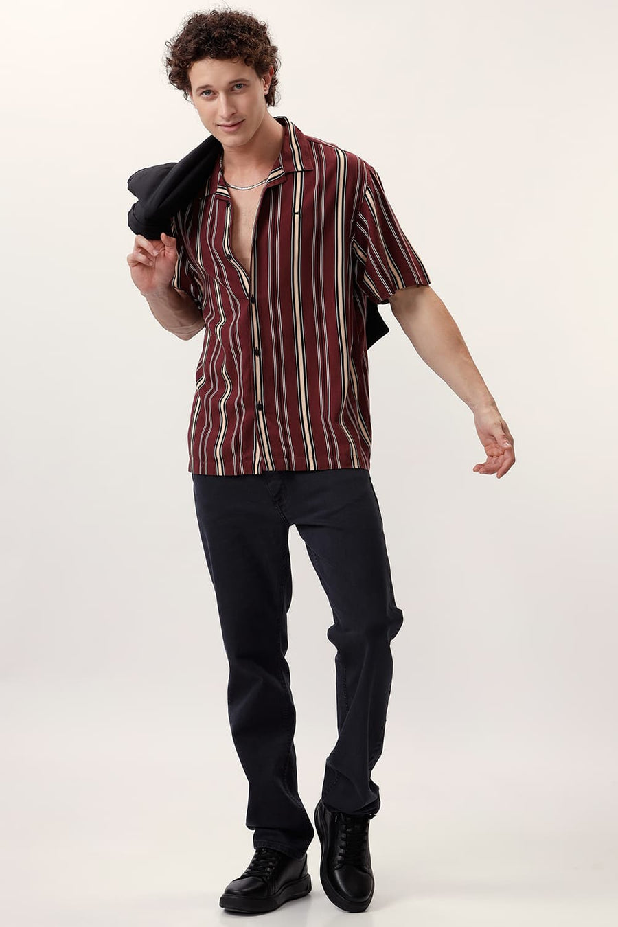 BASICS RELAXED FIT RUBY WINE COTTON VISCOSE PRINTED STRIPE HALFSLEEVES SHIRT