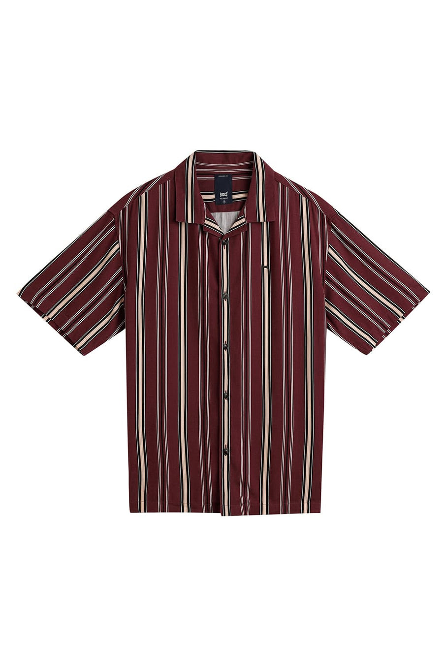 BASICS RELAXED FIT RUBY WINE COTTON VISCOSE PRINTED STRIPE HALFSLEEVES SHIRT