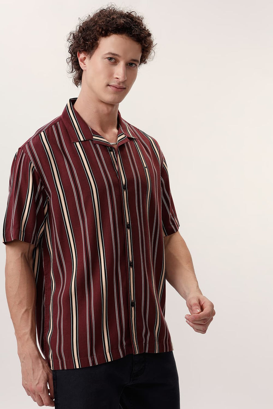 BASICS RELAXED FIT RUBY WINE COTTON VISCOSE PRINTED STRIPE HALFSLEEVES SHIRT