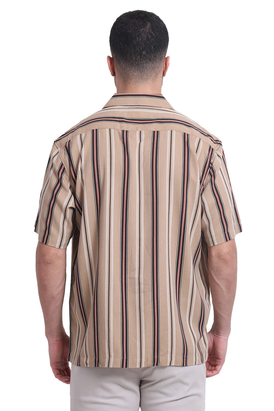 BASICS RELAXED FIT CROSSIANT BROWN COTTON VISCOSE PRINTED STRIPE HALFSLEEVES SHIRT