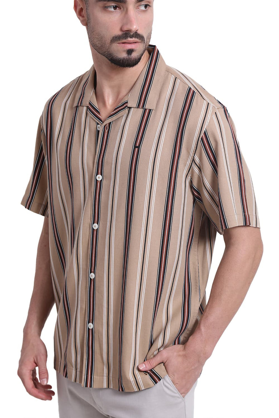 BASICS RELAXED FIT CROSSIANT BROWN COTTON VISCOSE PRINTED STRIPE HALFSLEEVES SHIRT