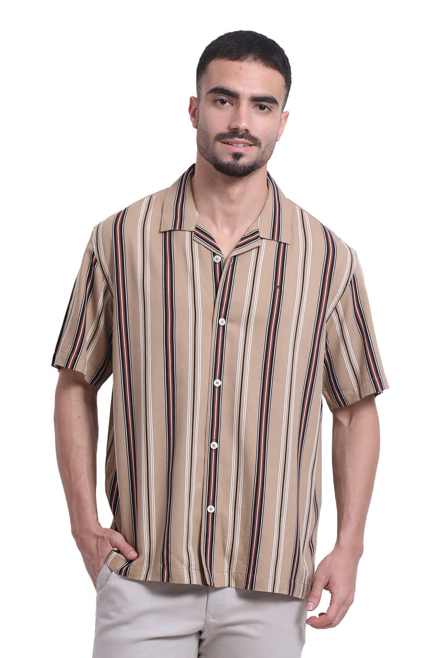 BASICS RELAXED FIT CROSSIANT BROWN COTTON VISCOSE PRINTED STRIPE HALFSLEEVES SHIRT
