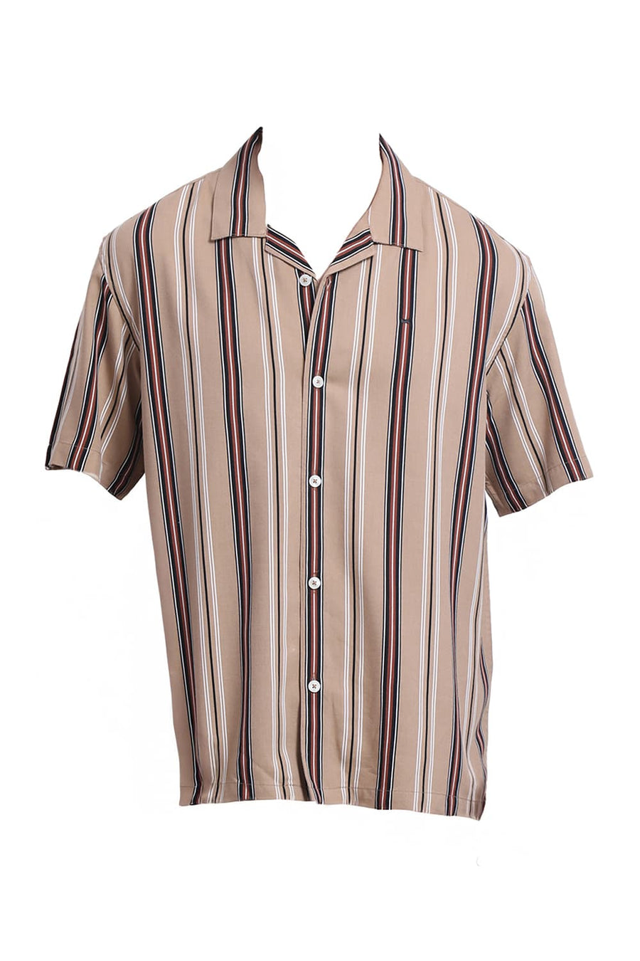 BASICS RELAXED FIT CROSSIANT BROWN COTTON VISCOSE PRINTED STRIPE HALFSLEEVES SHIRT