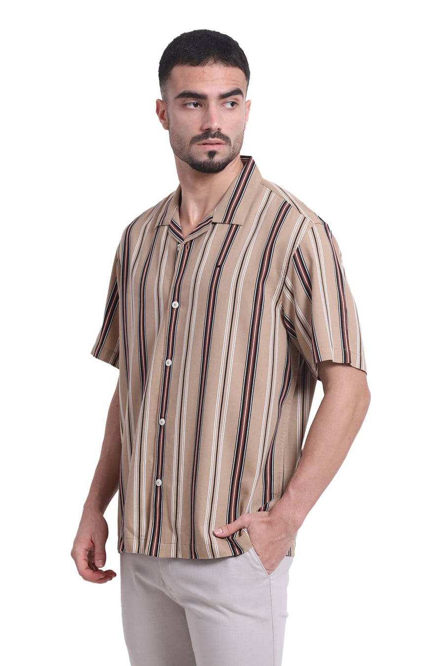 BASICS RELAXED FIT CROSSIANT BROWN COTTON VISCOSE PRINTED STRIPE HALFSLEEVES SHIRT