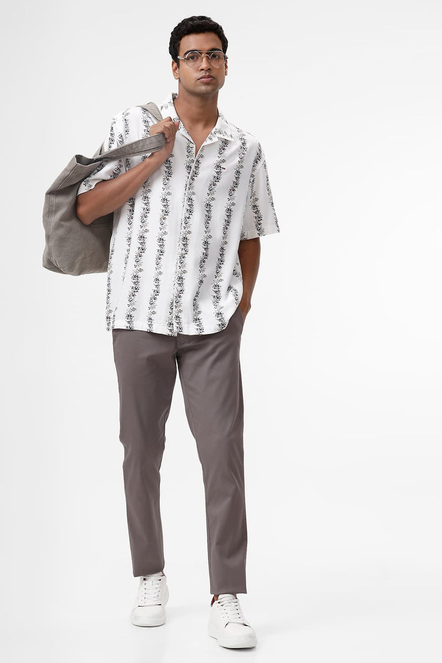 BASICS RELAXED FIT STREAM WHITE COTTON VISCOSE PRINTED STRIPE HALFSLEEVES SHIRT
