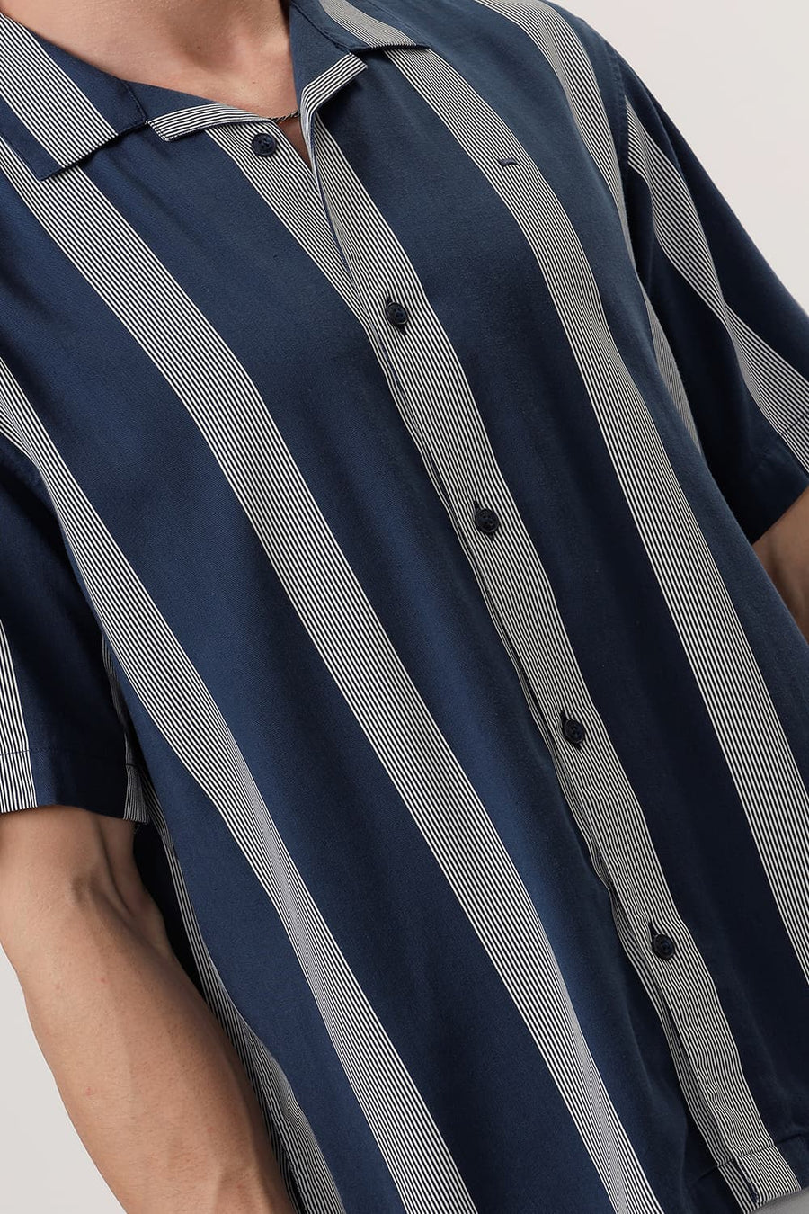 BASICS RELAXED FIT NAVY BLUE COTTON VISCOSE PRINTED STRIPE HALFSLEEVES SHIRT