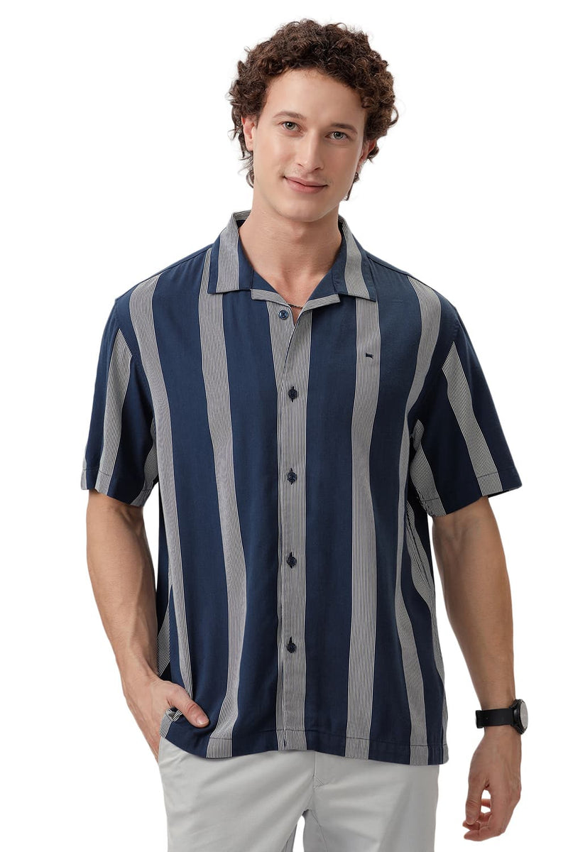 RELAXED FIT COTTON VISCOSE PRINTED STRIPE HALFSLEEVES SHIRT