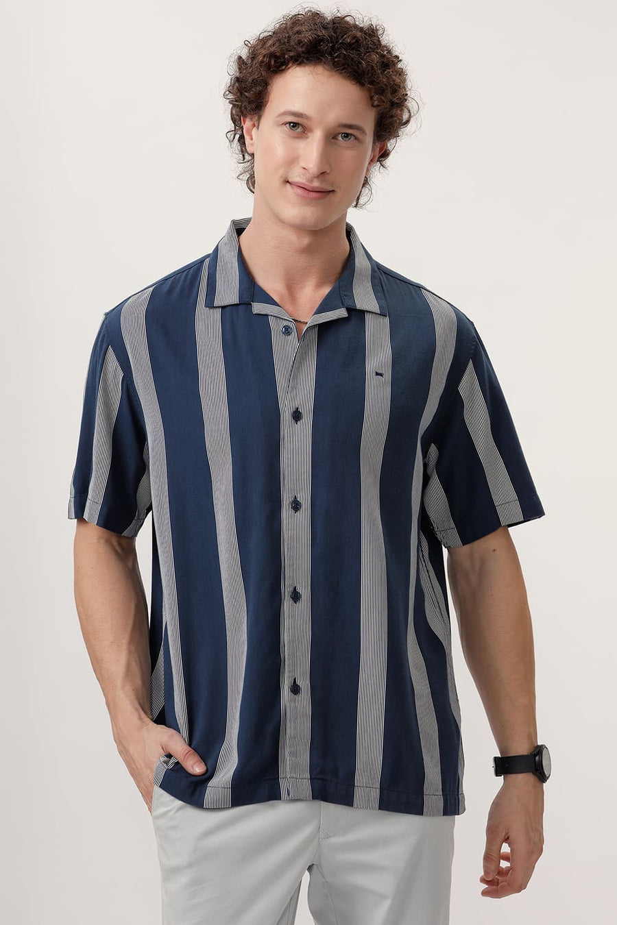 BASICS RELAXED FIT NAVY BLUE COTTON VISCOSE PRINTED STRIPE HALFSLEEVES SHIRT