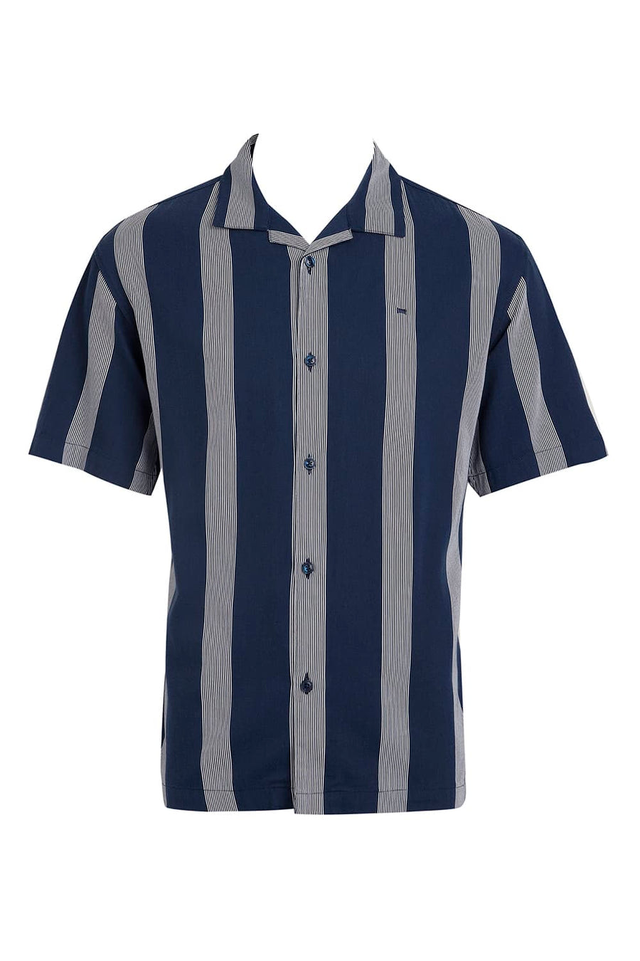 BASICS RELAXED FIT NAVY BLUE COTTON VISCOSE PRINTED STRIPE HALFSLEEVES SHIRT