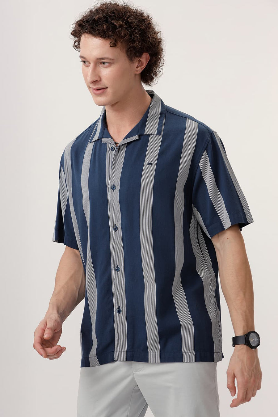 BASICS RELAXED FIT NAVY BLUE COTTON VISCOSE PRINTED STRIPE HALFSLEEVES SHIRT