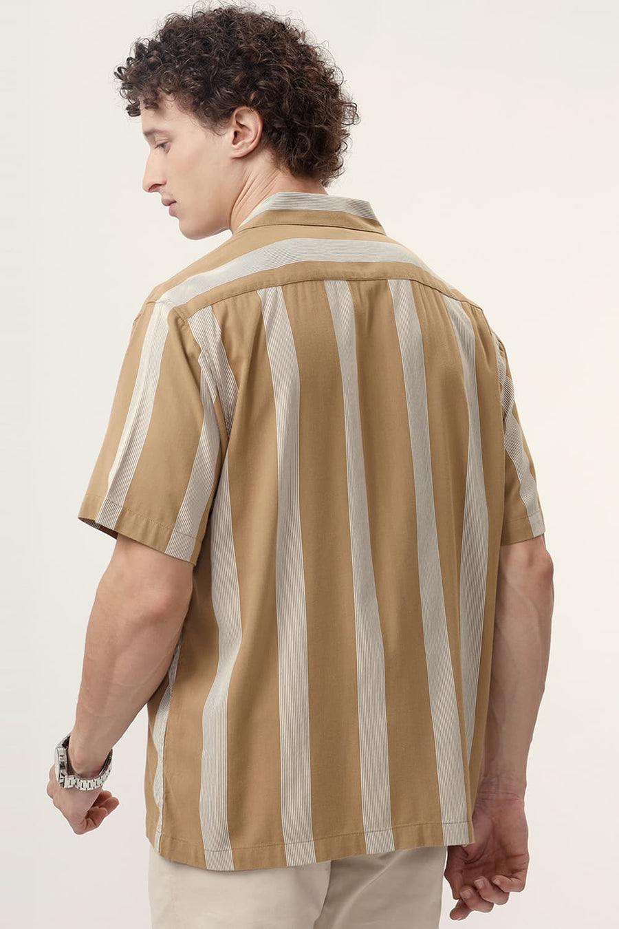 BASICS RELAXED FIT ANTIQUE BROWN COTTON VISCOSE PRINTED STRIPE HALFSLEEVES SHIRT