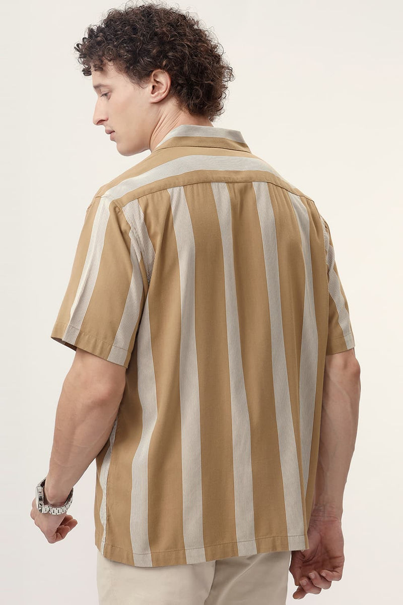 RELAXED FIT COTTON VISCOSE PRINTED STRIPE HALFSLEEVES SHIRT