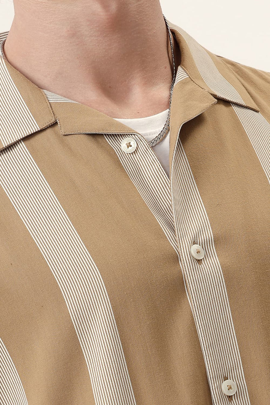 BASICS RELAXED FIT ANTIQUE BROWN COTTON VISCOSE PRINTED STRIPE HALFSLEEVES SHIRT