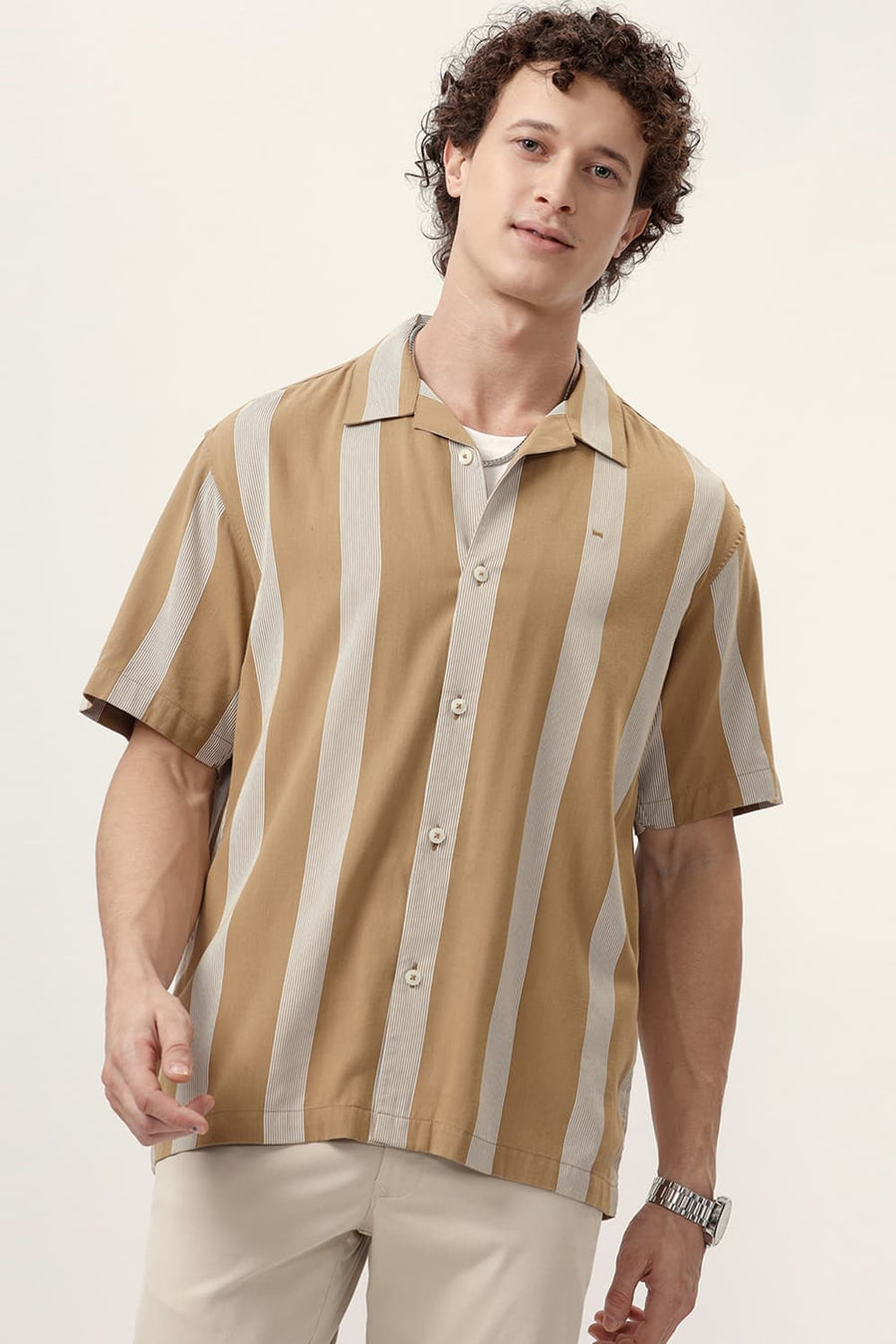 BASICS RELAXED FIT ANTIQUE BROWN COTTON VISCOSE PRINTED STRIPE HALFSLEEVES SHIRT