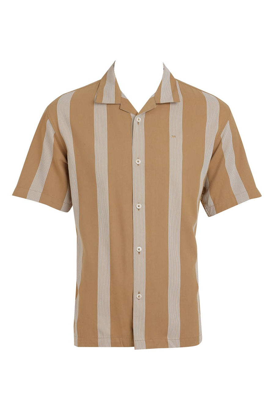 BASICS RELAXED FIT ANTIQUE BROWN COTTON VISCOSE PRINTED STRIPE HALFSLEEVES SHIRT