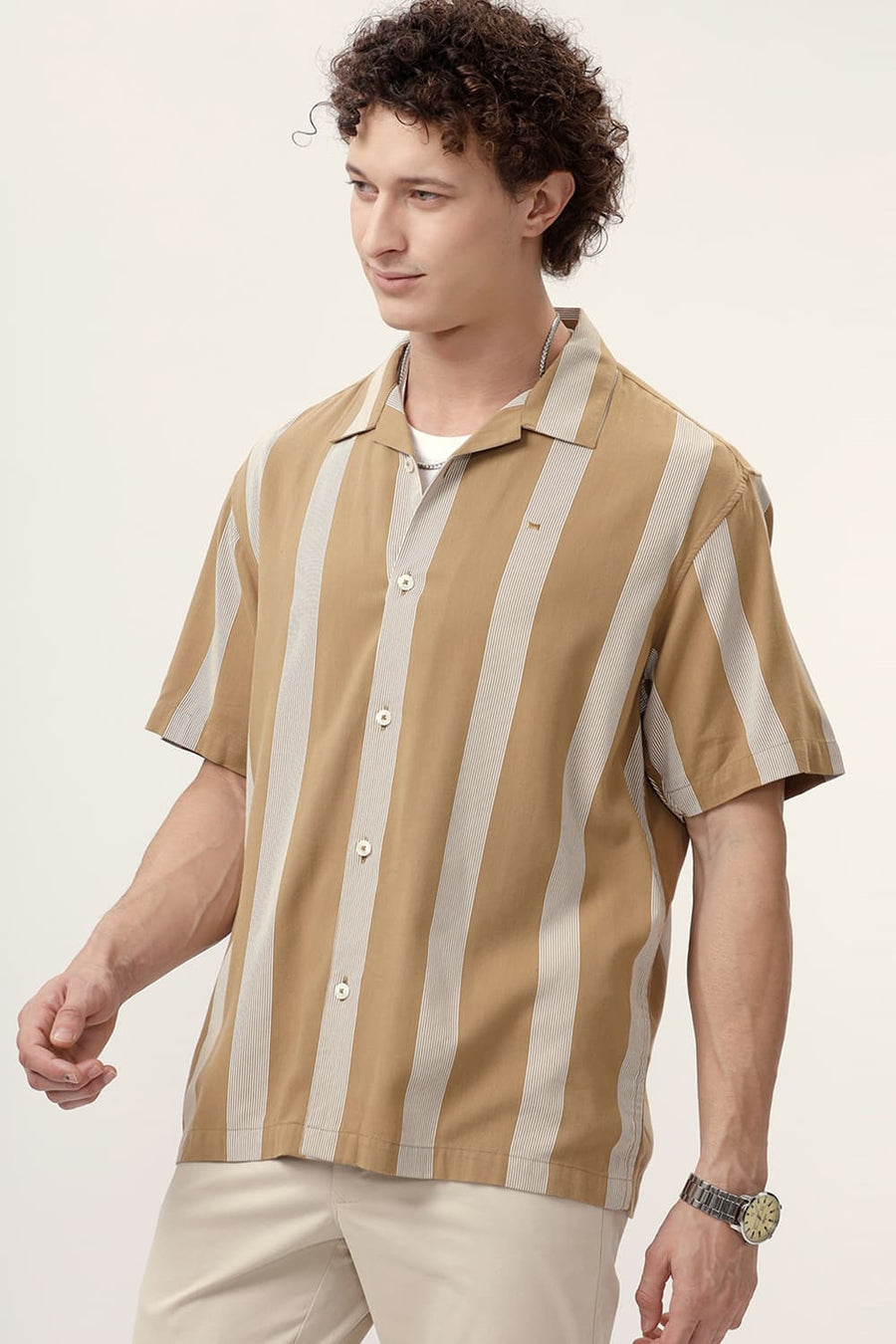 BASICS RELAXED FIT ANTIQUE BROWN COTTON VISCOSE PRINTED STRIPE HALFSLEEVES SHIRT