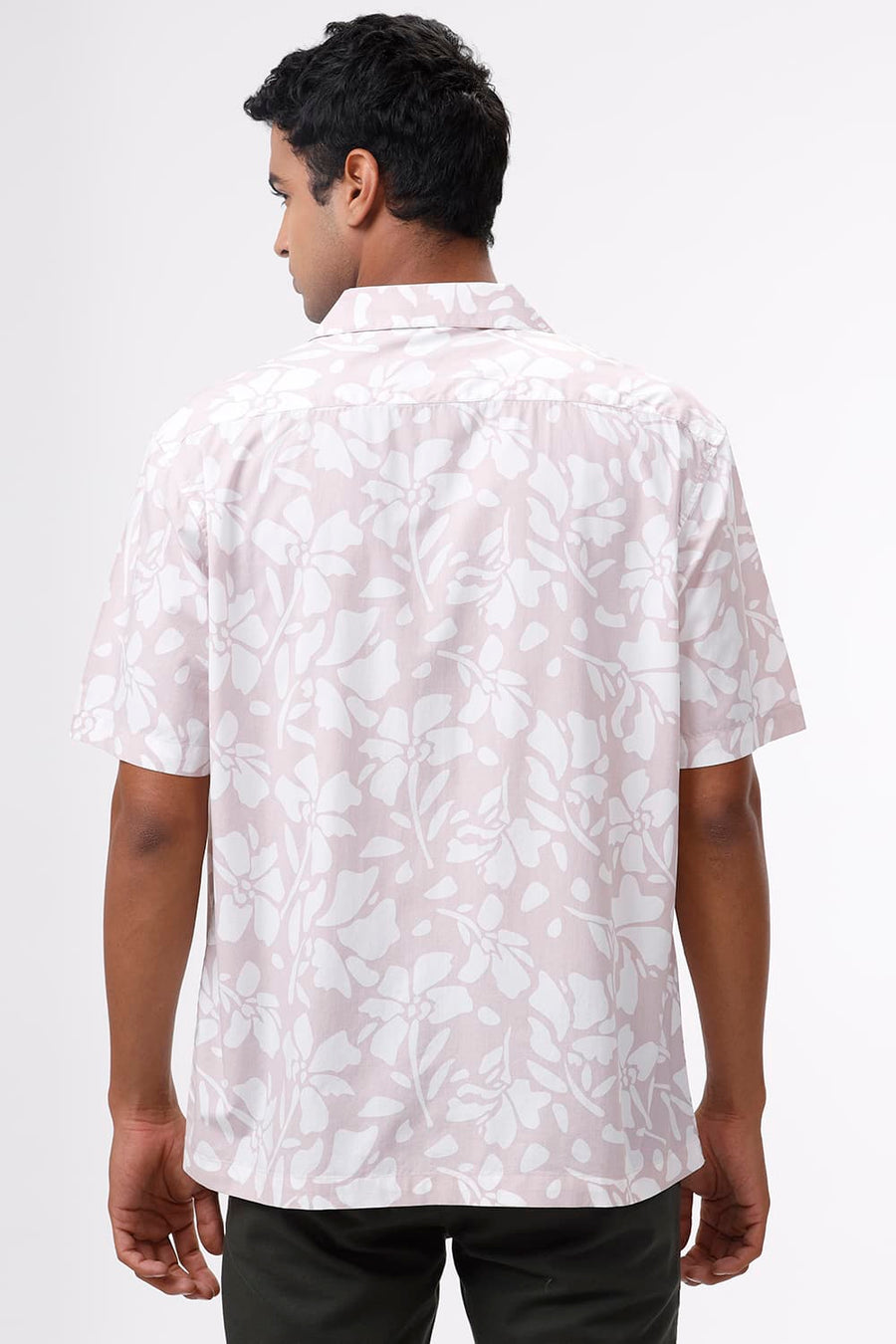 BASICS RELAXED FIT SMOKE PINK COTTON POPLIN PRINTED HALFSLEEVES SHIRT