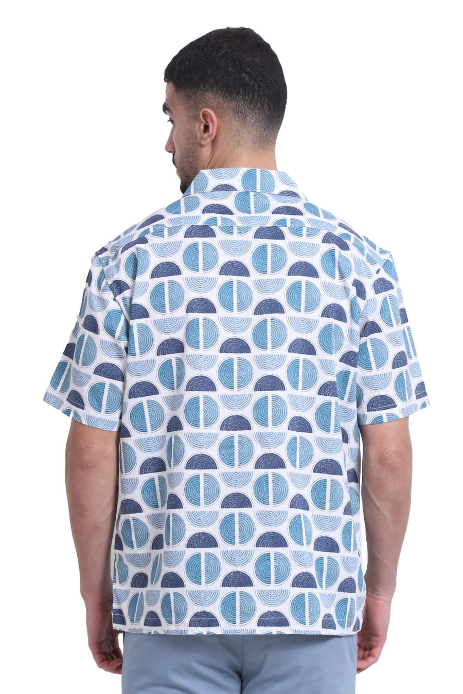 BASICS RELAXED FIT CORAL BLUE COTTON TWILL SLUB PRINTED HALFSLEEVES SHIRT