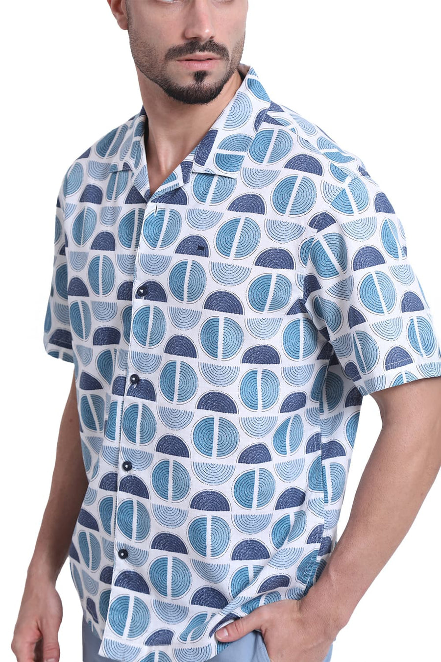 BASICS RELAXED FIT CORAL BLUE COTTON TWILL SLUB PRINTED HALFSLEEVES SHIRT