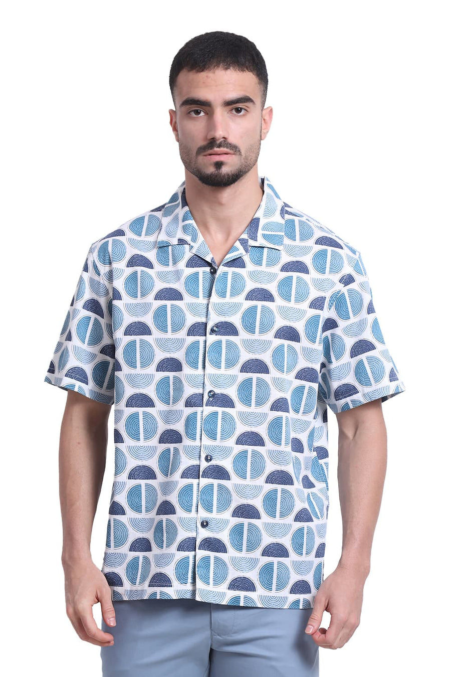 BASICS RELAXED FIT CORAL BLUE COTTON TWILL SLUB PRINTED HALFSLEEVES SHIRT