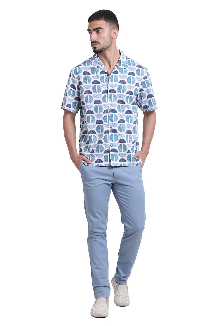 BASICS RELAXED FIT CORAL BLUE COTTON TWILL SLUB PRINTED HALFSLEEVES SHIRT