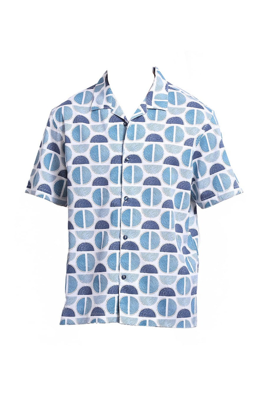BASICS RELAXED FIT CORAL BLUE COTTON TWILL SLUB PRINTED HALFSLEEVES SHIRT